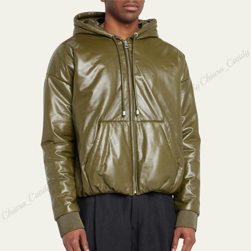 23AW NEW】LOEWE_men / フード付き レザー ジャケット / Green