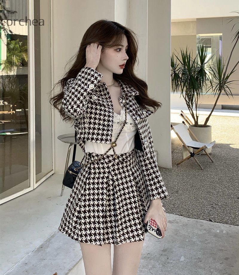 ショート ジャケット スカート 千鳥格子 甘め セットアップ 韓国 セットアップ 千鳥格子 ショート丈 ジャケット スカート 韓国