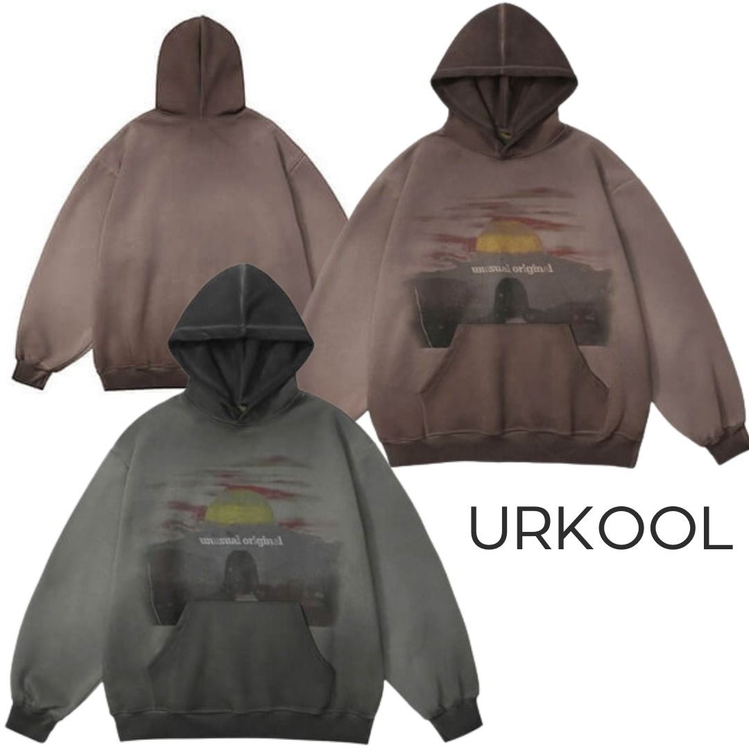URKOOL ストリート ヴィンテージ風 フーディ パーカー シンプル URKOOL サンセットプリント フェード ヴィンテージパーカー