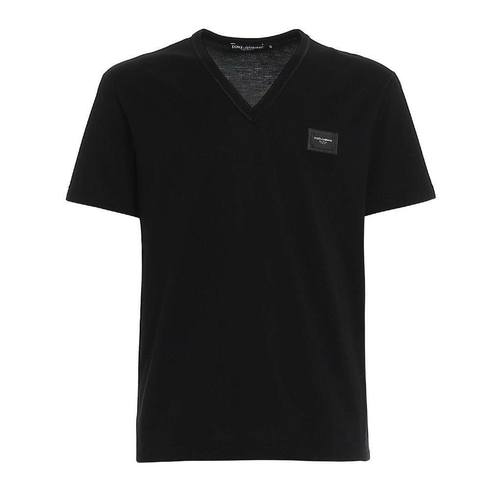 関税込 ドルチェ＆ガッバーナ Vネック Tシャツ ロゴプレート 綿