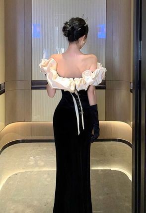 マーメイド ドレス ロング 肩フリル オフショルダー 背中あき