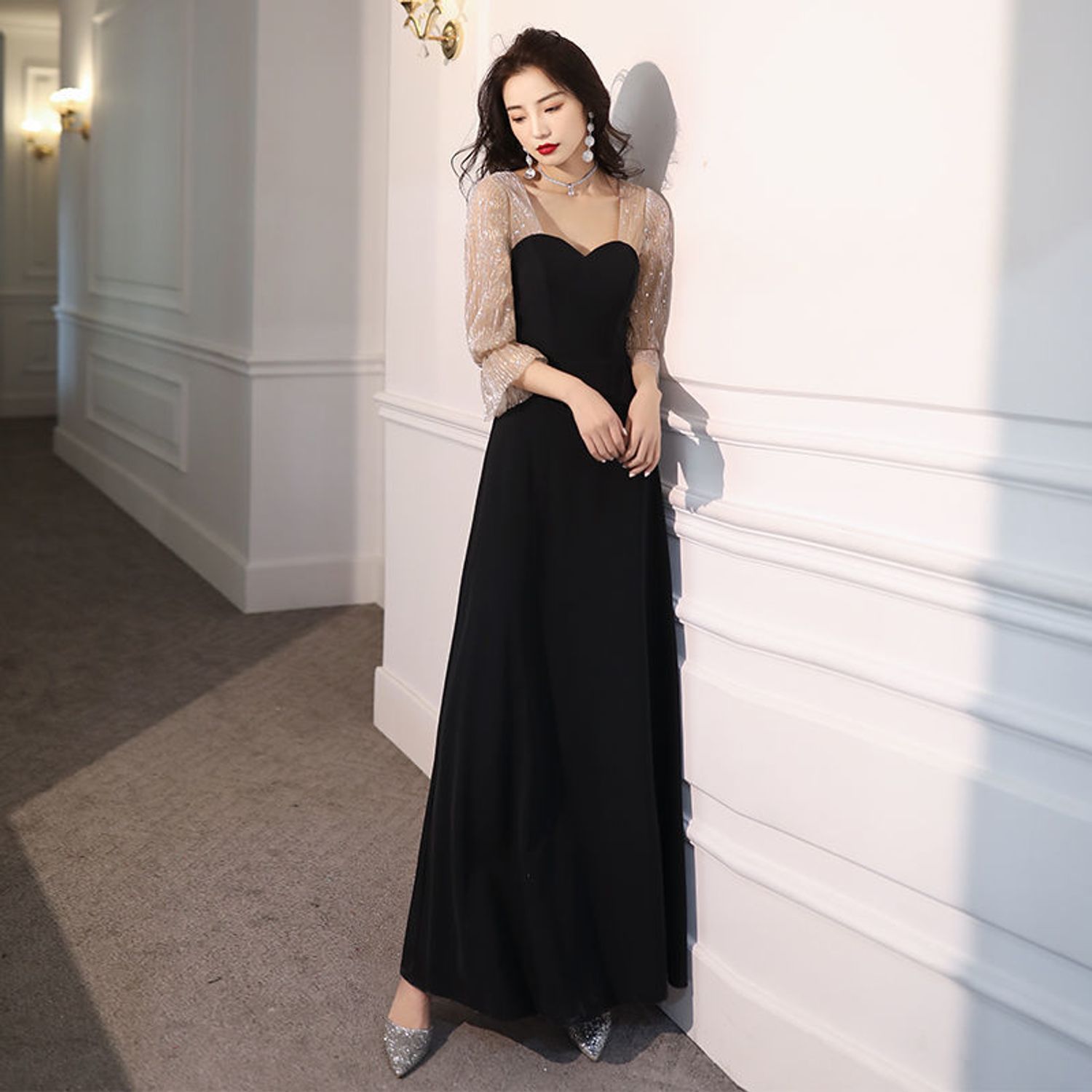 ワンピース ミディアム丈 無地 長袖 パーティー 結婚式 韓国 rt-lds26_r_1.jpg