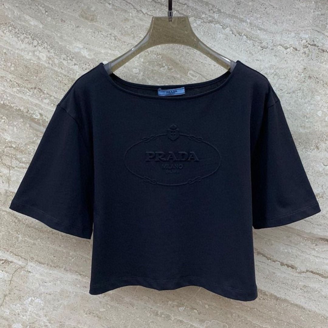 大注目】PRADA◇クロップド丈 Tシャツ ボーダー 七分袖 ロゴ付