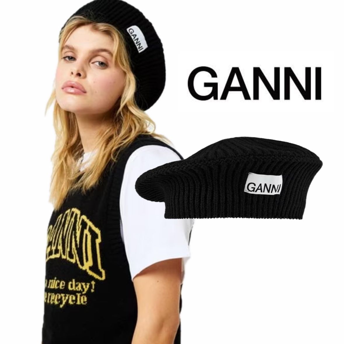 GANNI ロゴ リブ ベレー帽