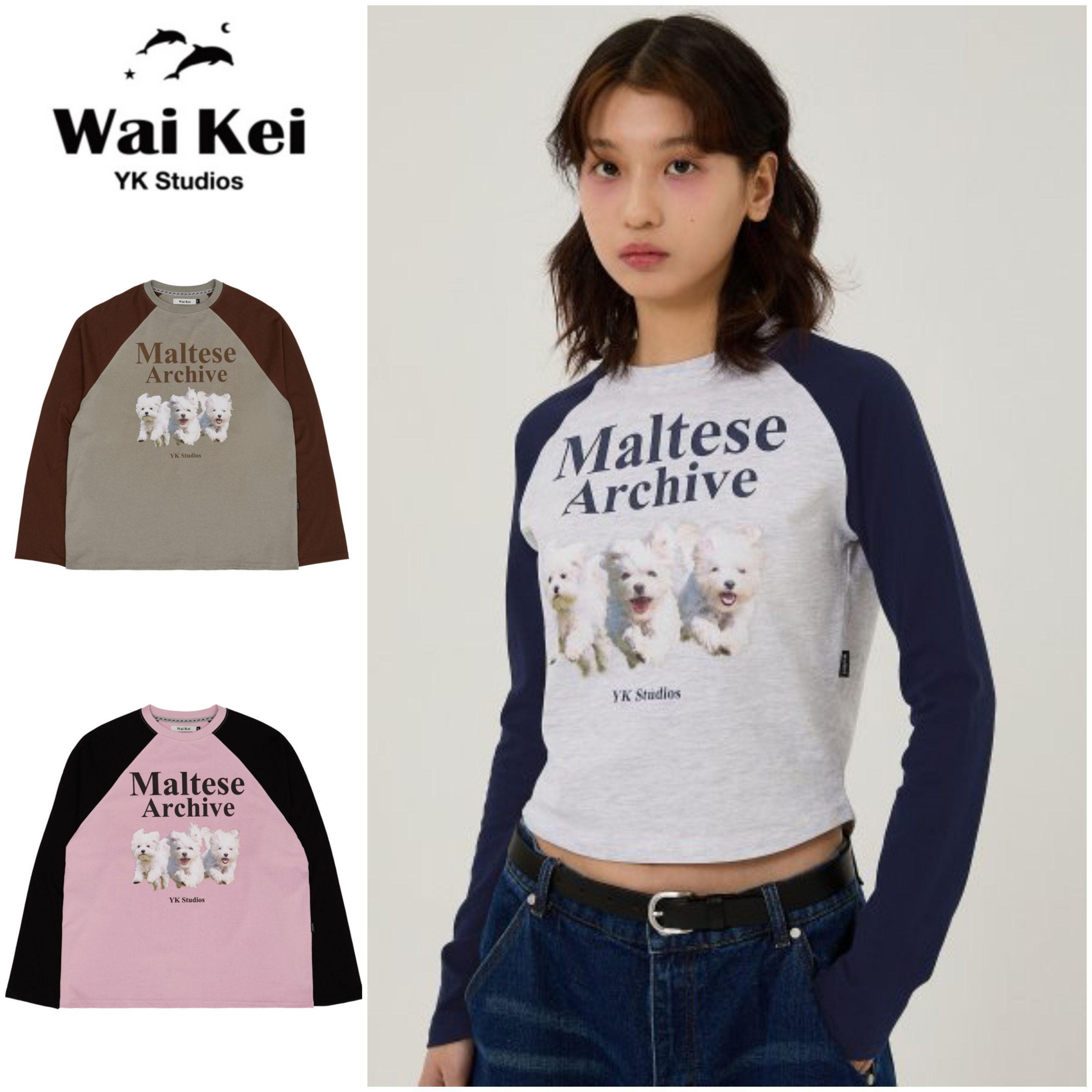 【WAIKEI】Oil Painting Maltese Raglan Sweatshirt 2色 WAIKEI Oil Painting Maltese Raglan Sweatshirt Grey – SeoulSeoul