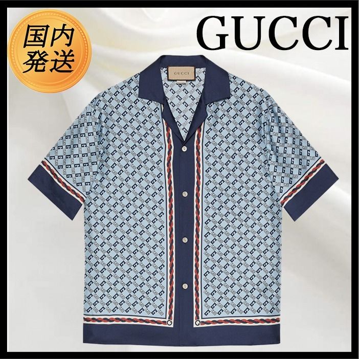 国内発送☆GUCCI】ジオメトリック スクエアG シルク シャツ