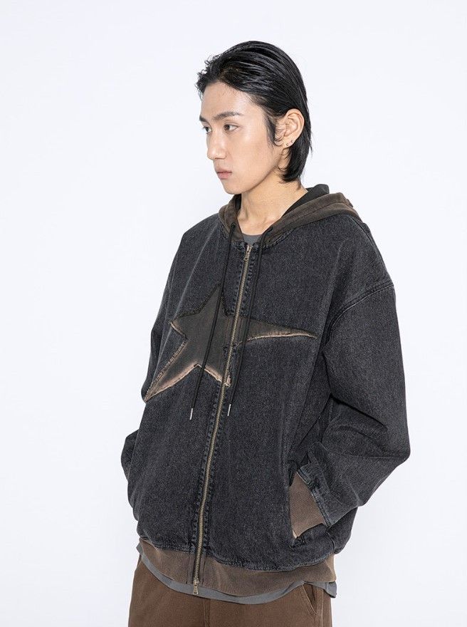 XTONZのXTT061 Vintage Washing Star Denim Hooded Zip-Up 全2色