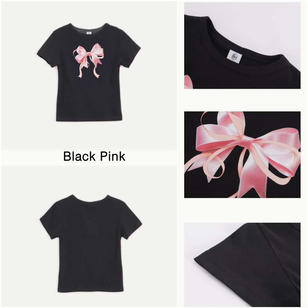 RONRON】 韓国人気新作☆ DOUBLE RIBBON SLIM CROP T SHIRT