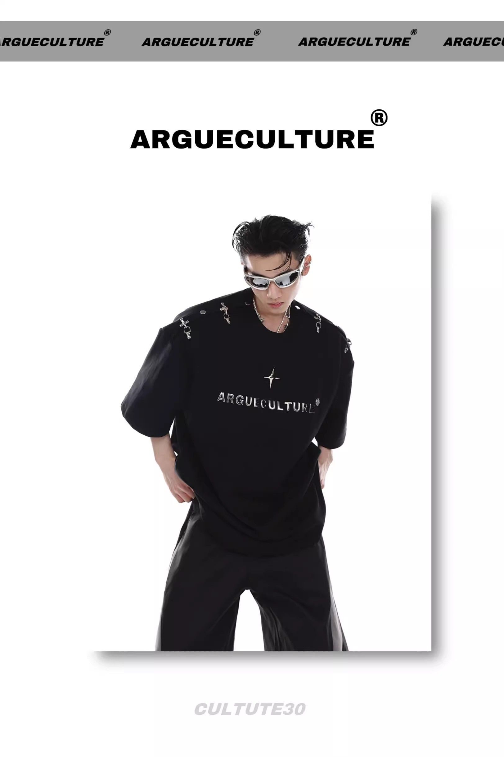 ArguECulturE ストリート 金属感ロゴ zip付 半袖Tシャツ Argue Culture ストリート おしゃれ メタル 半袖 Tシャツ (Argue