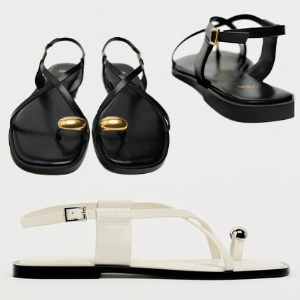 ZARA】メタルトリム ストラップ フラットスライドサンダル (ZARA