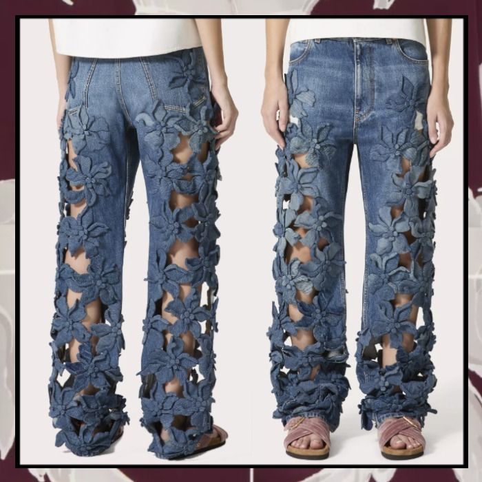 Valentino 24SS《刺繍入り デニムパンツ》ハイビスカス DHL 直営 Valentino 24SS《刺繍入り デニムパンツ》ハイビスカス DHL 直営