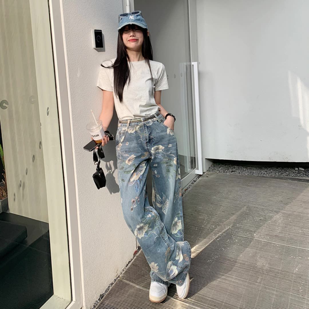 デニムパンツ ワイド プリント 花柄 ジーンズ ルーズ 韓国 5 デニムパンツ ワイド プリント 花柄 ジーンズ ルーズ 韓国 5