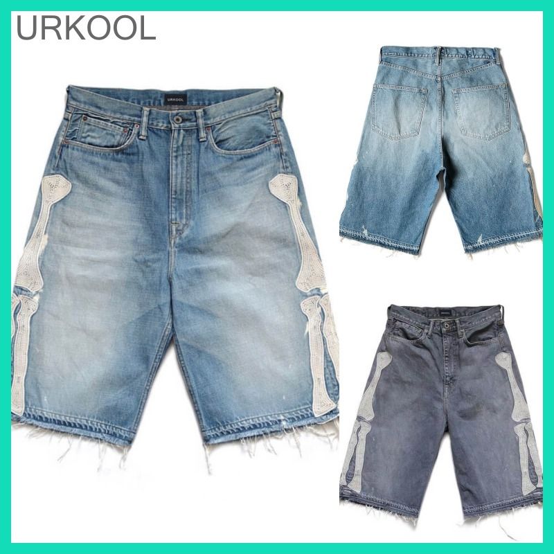 URKOOL カジュアル 短パン スカル スケルトン ショートパンツ URKOOL*スケルトン デニムショート パンツ ブラック*送料込み