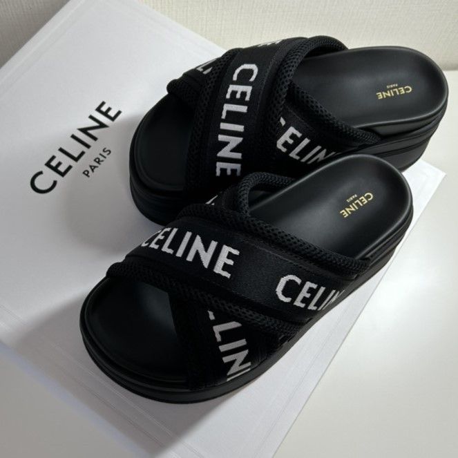 CELINE メッシュ ブロックスライド サンダル ロゴ Black 送料込