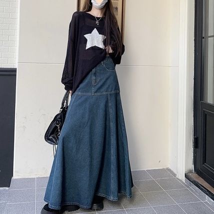 韓国 デニム マキシ スカート Aライン シンプル おしゃれ ロング