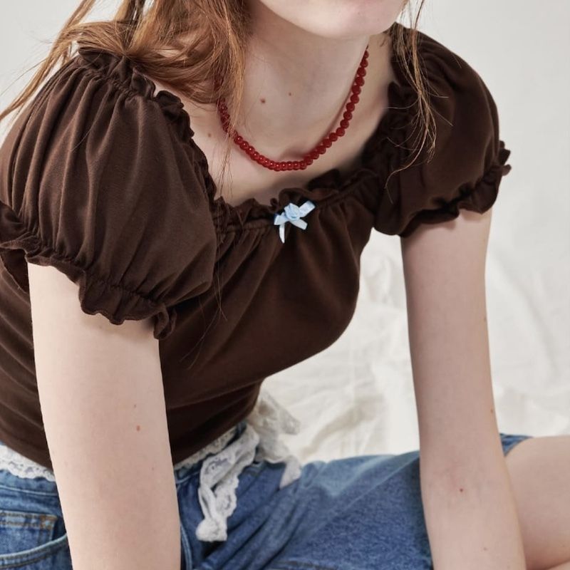Tシャツ・カットソー [RONRON]ROSE RIBBON FRILL OFF SHOULDER T SHIRT RONRON]ROSE RIBBON FRILL OFF SHOULDER T SHIRT (RONRON/T