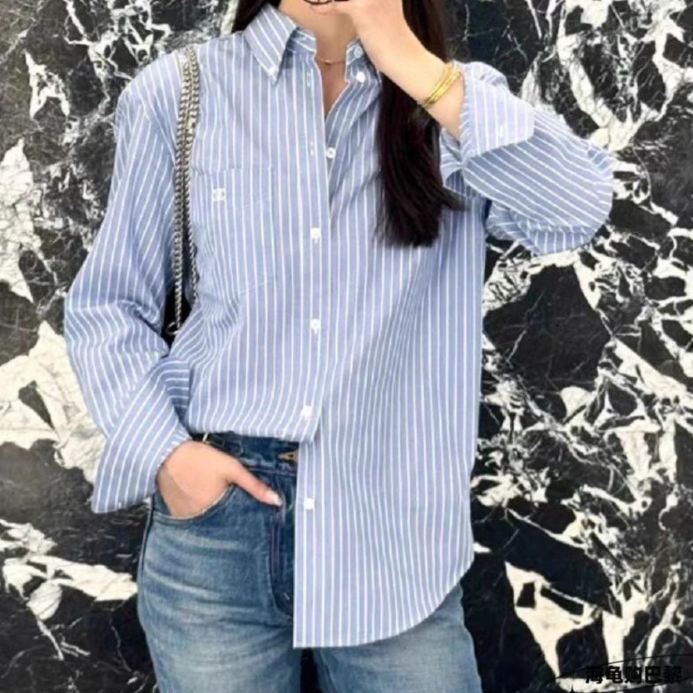 24SS【CELINE】ケンブリッジシャツ ストライプ柄 コットン ロゴ