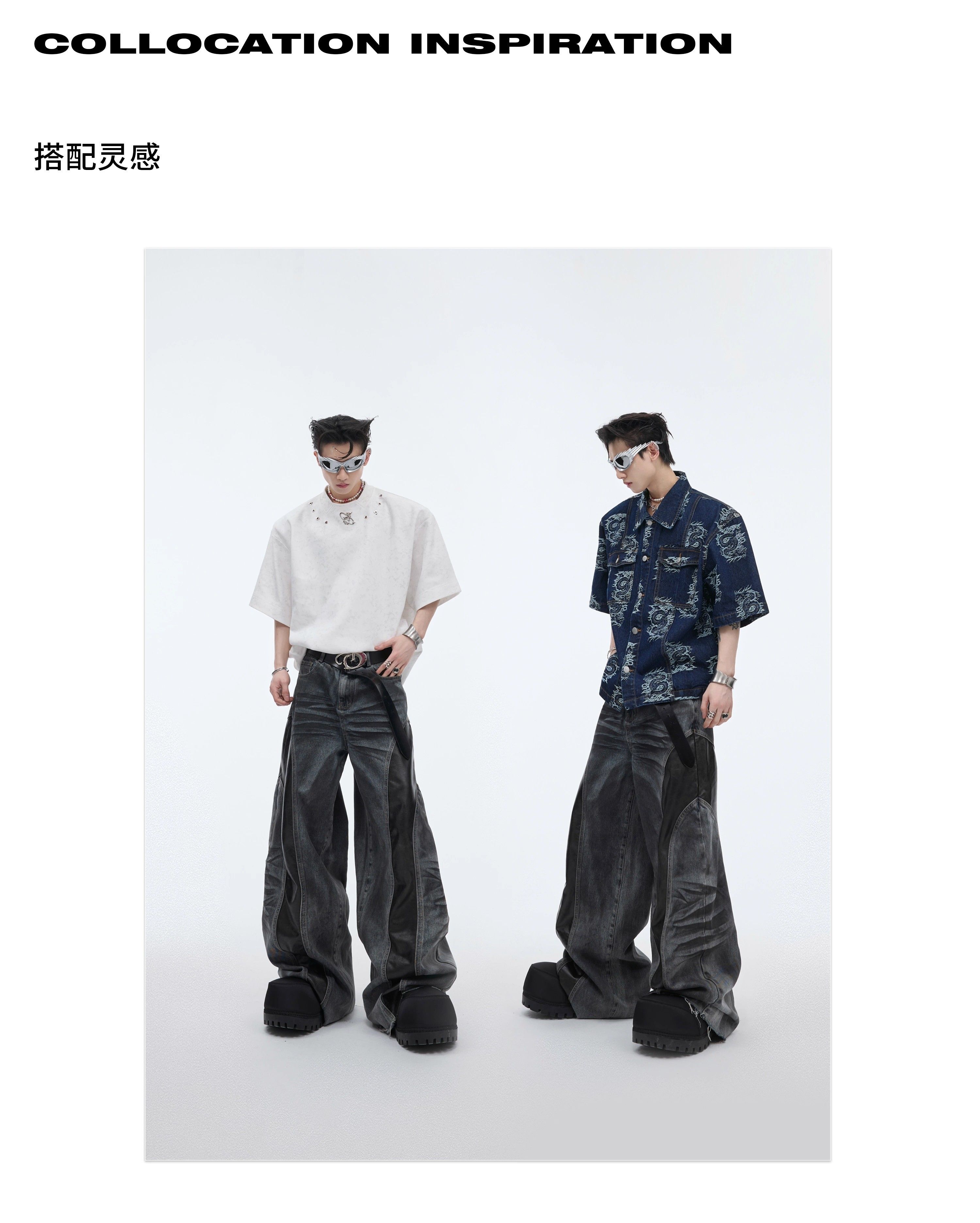 Argue CultureデニムパンツPUレザー切替ウォッシュドストリート