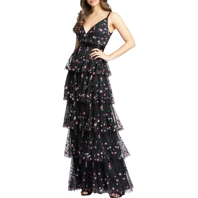 【MAC DUGGAL】ロングドレス ブラック オフショルダー 花柄 MAC DUGGAL】ロングドレス ブラック オフショルダー 花柄 (Mac