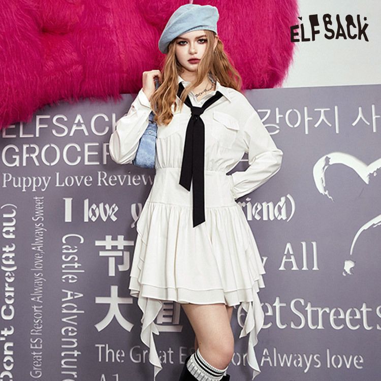 ELFSACK 長袖 シャツワンピース ネクタイ付き ミニスカート (ELF