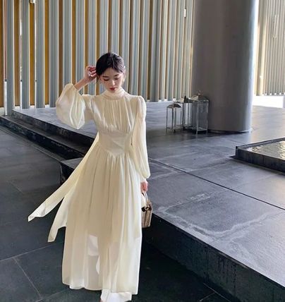 【韓国ファッション】 パネルカラ―ドレス ワンピース ロング ロング 長袖 シフォン 大人 きれいめ ワンピース ドレス 韓国