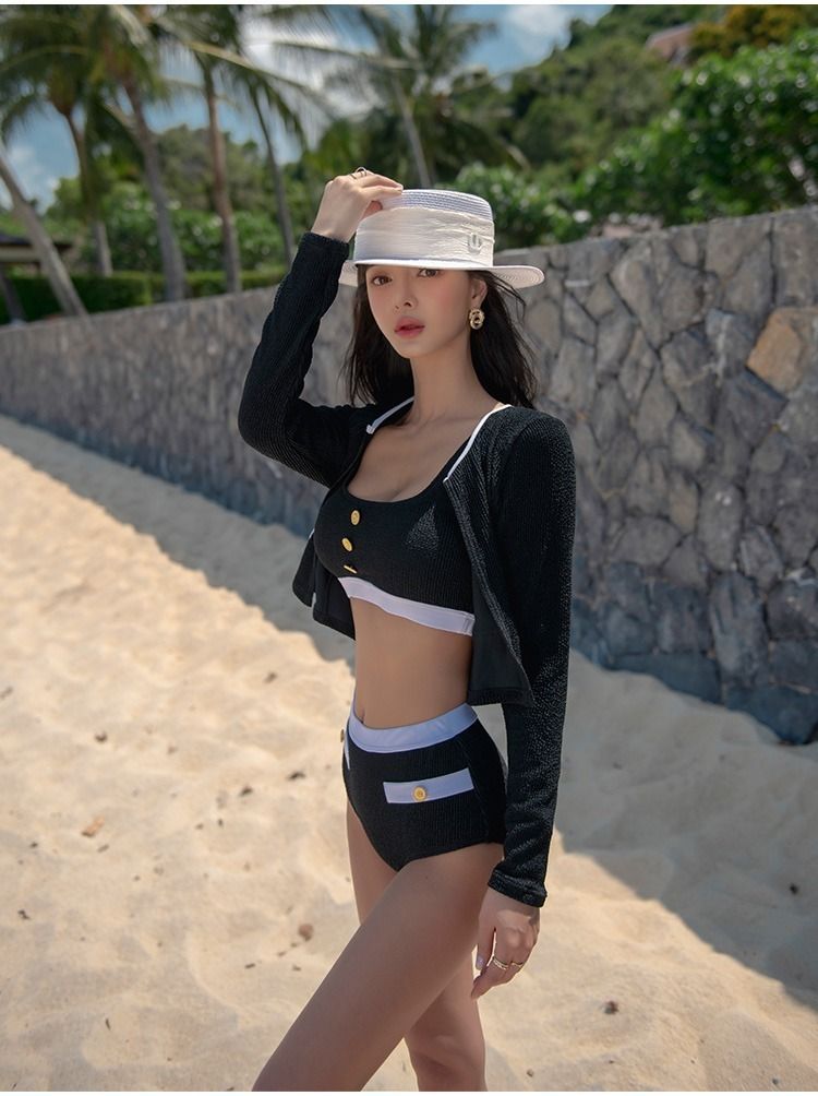 レトロハイウエスト長袖 3 点セットセクシービキニ水着 レトロハイウエスト長袖 3 点セットセクシービキニ水着 (ビキニ