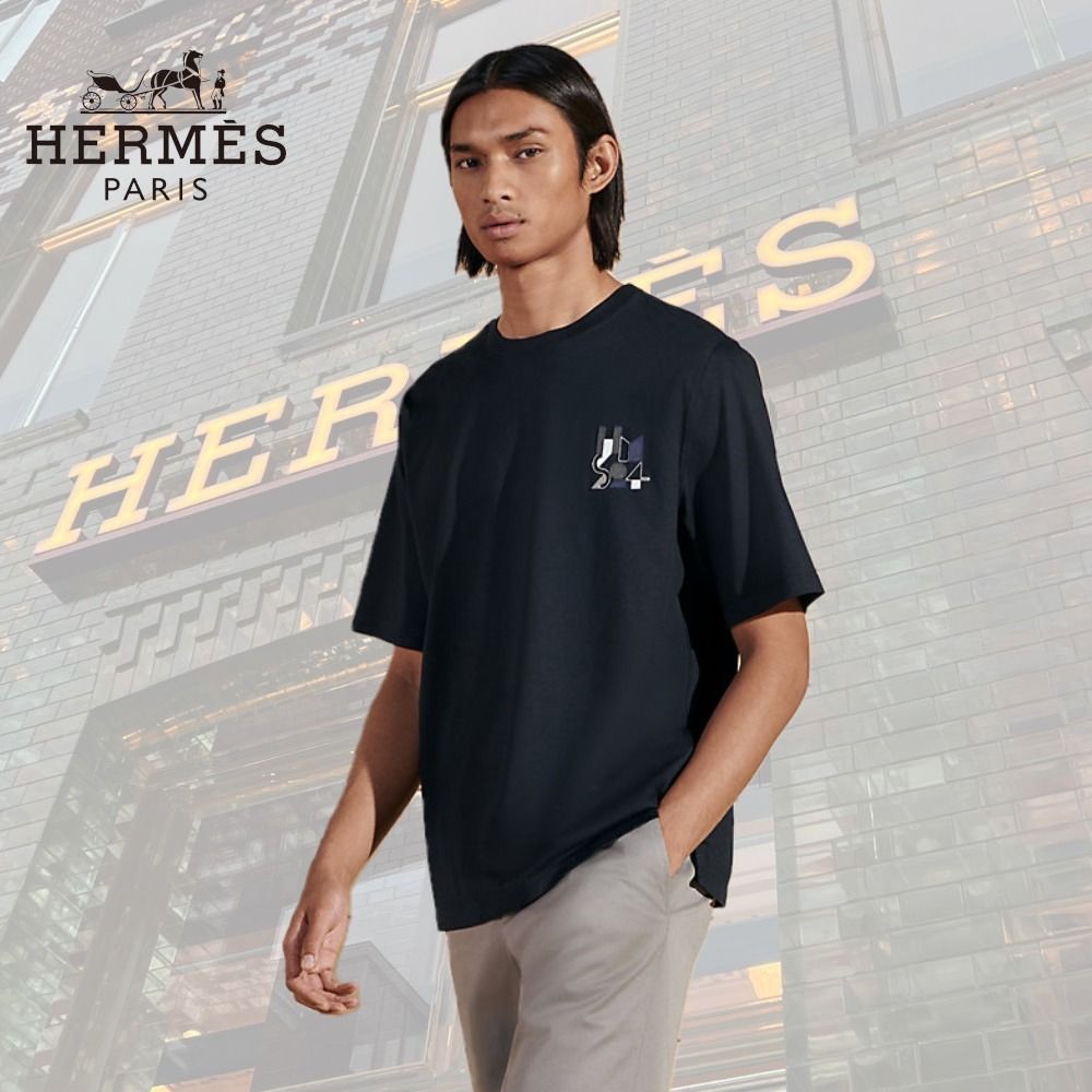 【お洒落♪】HERMES ミニレザーパッチTシャツ 23SS☆》HERMES ミニレザーパッチTシャツ コットン