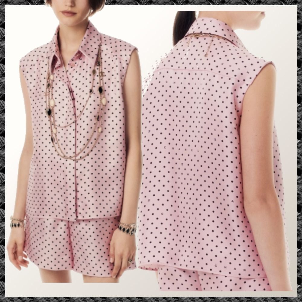 送料込【CHANEL】24SS ブラウス 水玉 PINK プリントシルクツイル