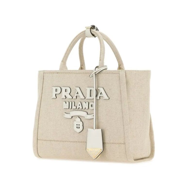 【PRADA】リネンブレンド&レザー ミディアム トートバッグ 関税負担なし☆PRADA ミディアム リネンブレンド トートバッグ