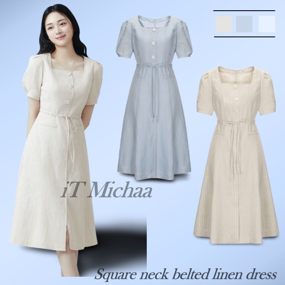 ◆IT MICHAA スクエアネック ベルテッド ワンピース ◇IT MICHAA スクエアネックベルテッドワンピース