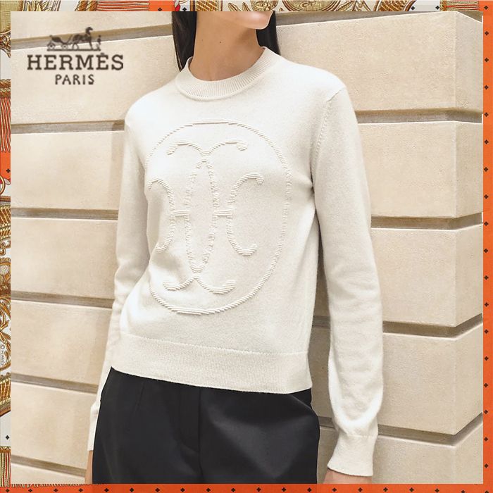 新品】HERMESエルメスホワイト定番ニット Hモチーフ