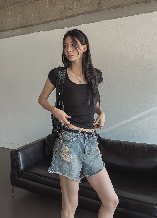 U LAN】Bohemian Fringed Short Denim Pants (U LAN/ショート