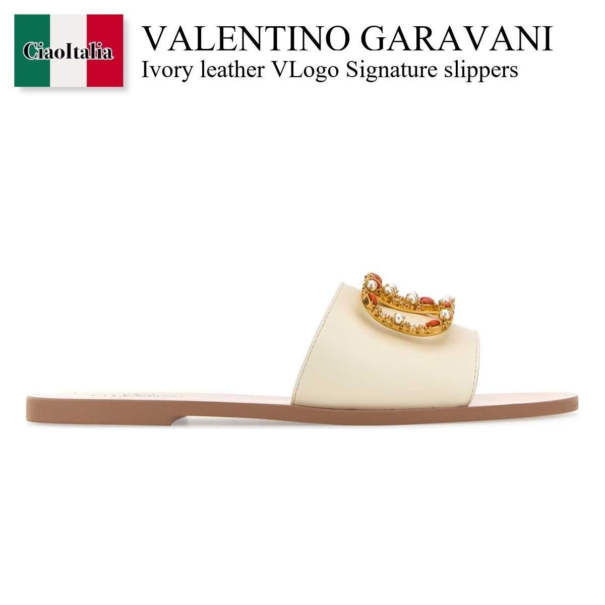 サンダル・ミュール VALENTINO GARAVANI Ivory Leather Vlogo Signature Slippers Valentino Garavani Ivory Leather Vlogo Signature Slippers