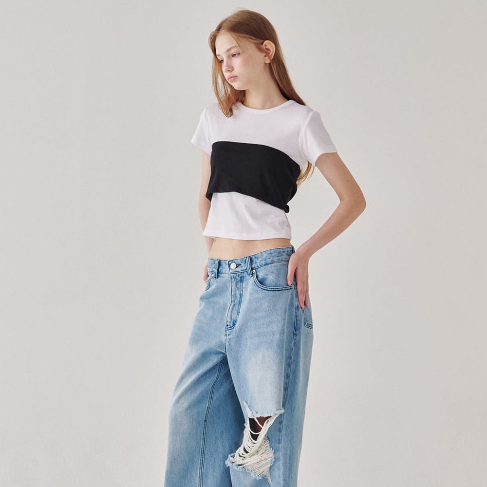 Tシャツ・カットソー RONRON KNOT BUSTIER 2 WAY SHORT SLEEVE T SHIRT BLUE GREY DOT デイリーTシャツ【RonRon】KNOT BUSTIER 2 WAY Tシャツ◇送料込