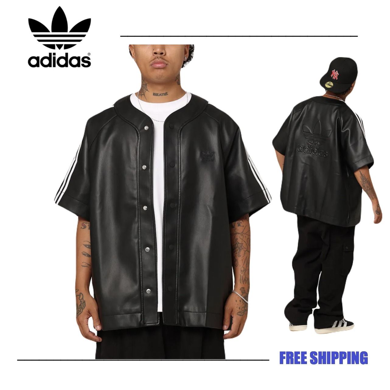 上品なスタイル 24' adidas 】adidas Shirt Baseball Stripes 3 Leather Faux ジャケット・アウター