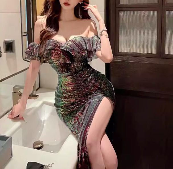 オフショル パーティードレス ロング フリル スリット セクシー