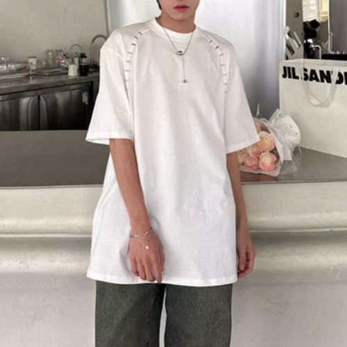 半袖Tシャツ メンズ メタルペンダント ショルダーパッド 2色 半袖Tシャツ ユニセックス ショルダーパッド メタル装飾 2色 (T