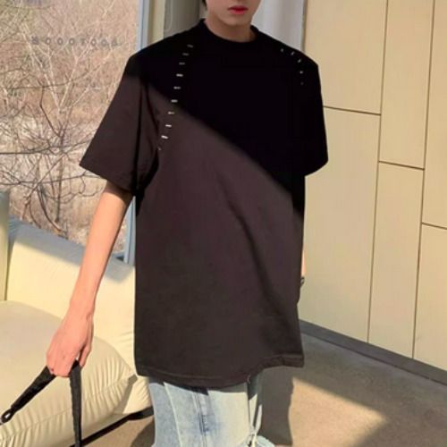 半袖Tシャツ メンズ メタルペンダント ショルダーパッド 2色 半袖Tシャツ ユニセックス ショルダーパッド メタル装飾 2色 (T