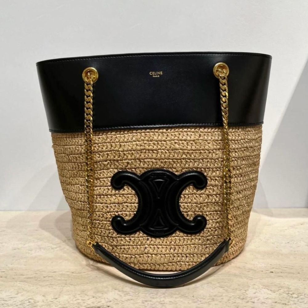 CELINE】チェーン バケット クラシックパニエ ラフィア カーフ
