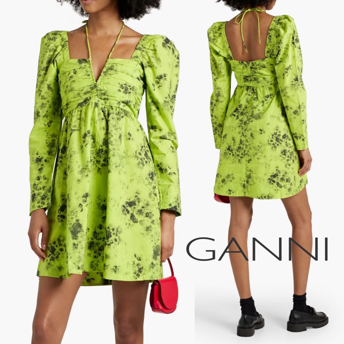 【Ganni】関税込★ブラウン ミニワンピース ルーシュ入り 花柄 花柄☆メッシュ☆ルーシュ☆ミニワンピース☆ GANNI (Ganni