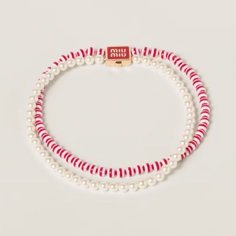 miumiu ネックレス パール レッド ストライプ チョーカー ペンダント