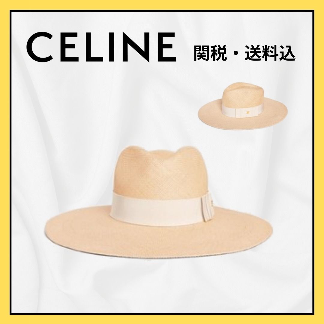 安価 ワタナベ ストローハット 美品】CELINE バケット M 麦わら帽子 ロゴリボン 帽子