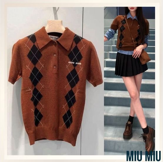美品 MIUMIU ダイヤ柄 ニット ポロシャツ セーター MML827 36