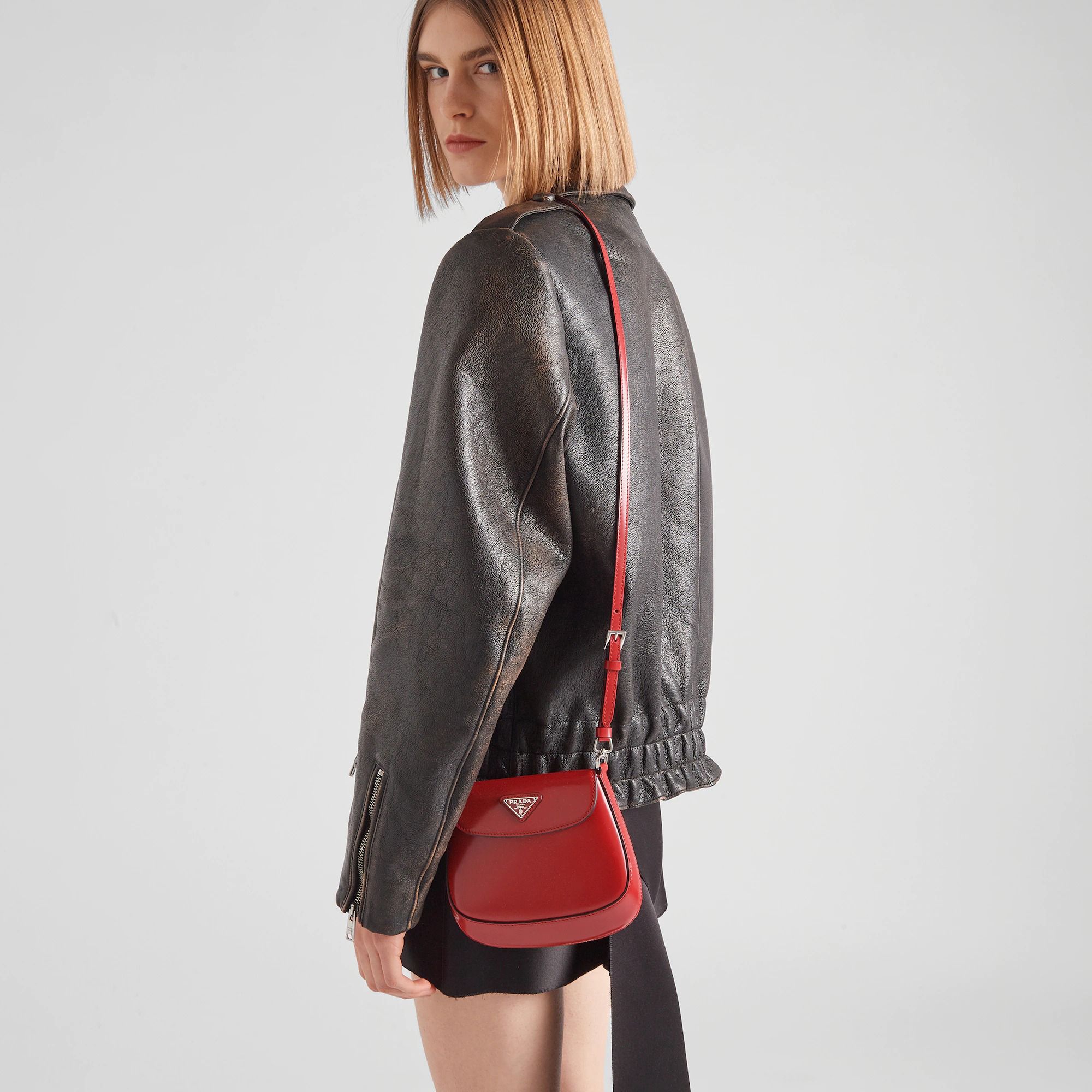 PRADA プラダ MINI CLEO BRUSHED レザー ショルダーバッグ PRADA Cleo Mini Brushed Leather Crossbody Bag Black