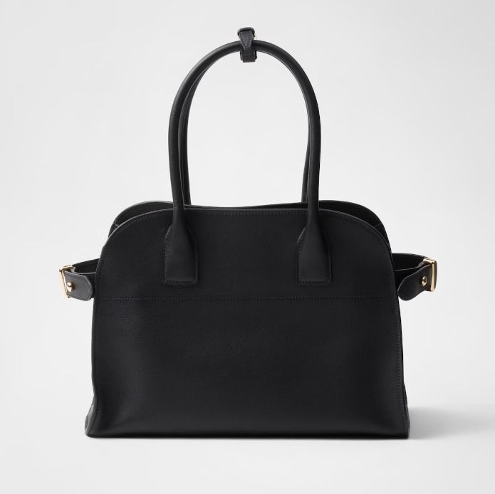 関税込★VIP価格【PRADA】ソフトグレインレザー ハンドバッグ White/Black プラダ バックル ダブルベルト付 スモール ソフト