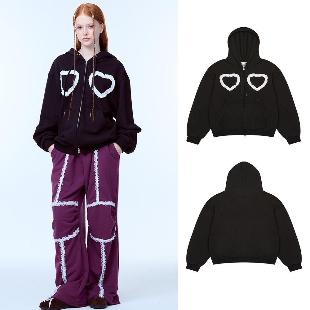 PA FRILL HEART HOOD ZIPUP (BLACK) - LUVISTRUE | 60% - Asian