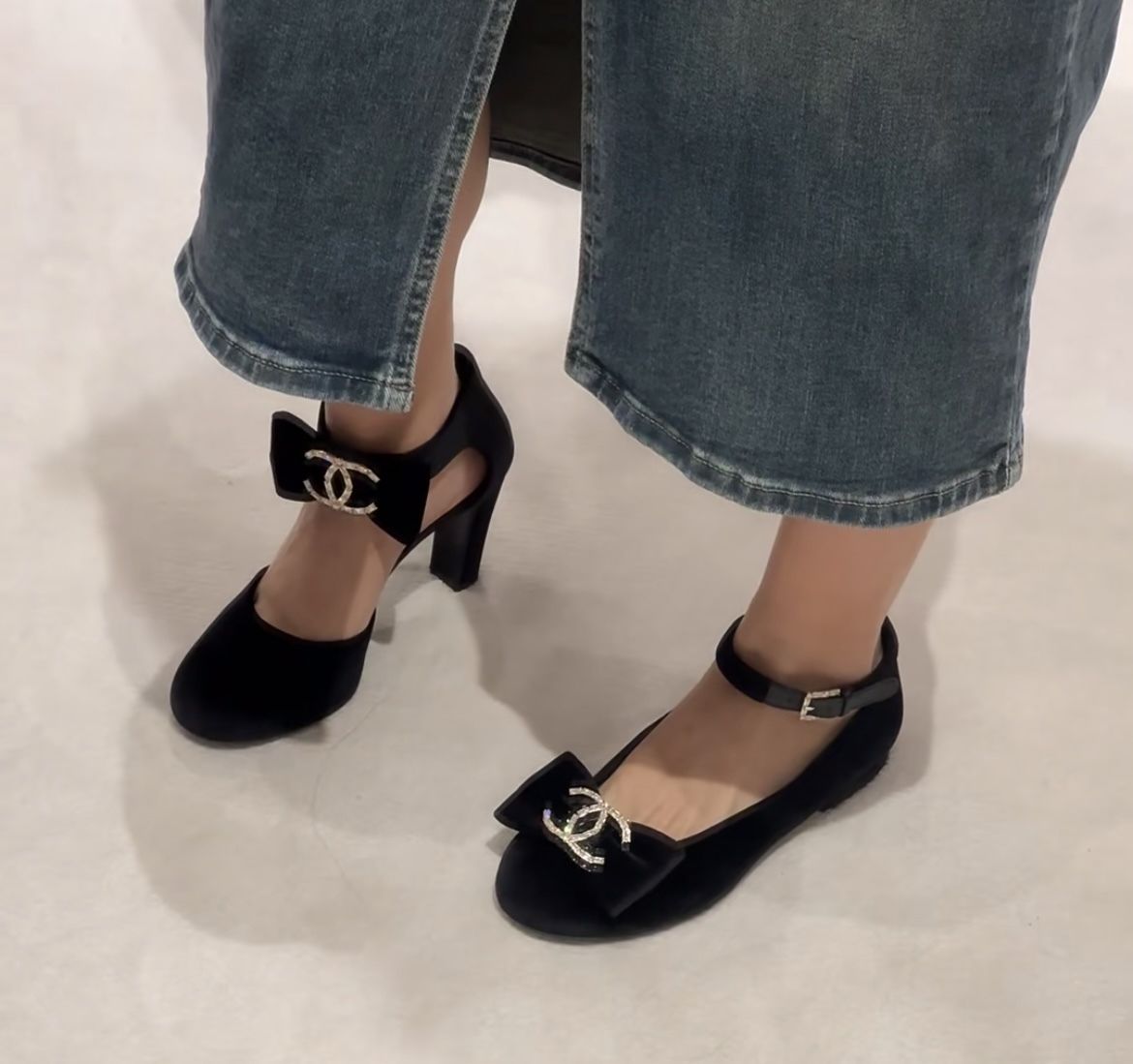【リボンが上品☆歩きやすい】CHANEL パンプス 大人ガーリーな足元に☆ベロアで上品 CHANEL リボンパンプス