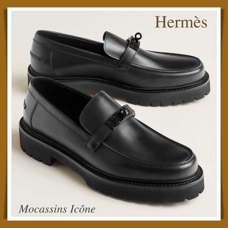 お洒落上級者オールブラック【HERMES】アイコンモカシンシューズ HERMES】ブラックケリーバックル☆上品 Icone モカシン メンズ