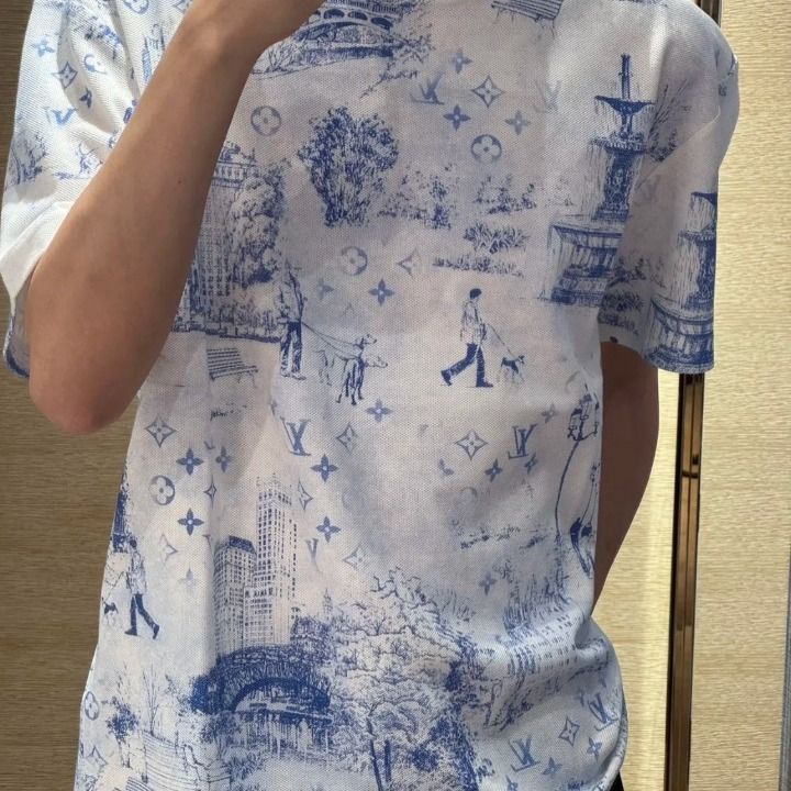 ルイヴィトン モノグラム コットンピケ Tシャツ size S ホワイト×ブルー デザイン性抜群☆】Louis VuittonプリントコットンピケTシャツ