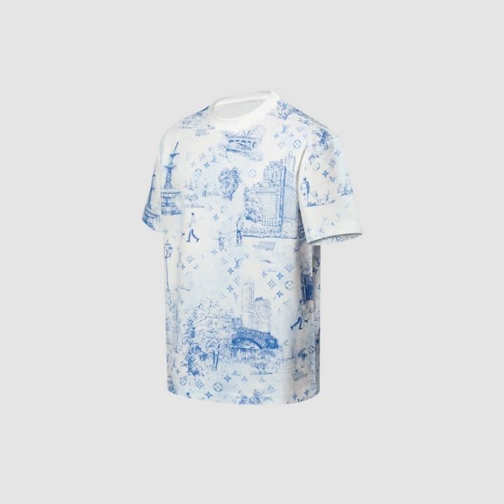 ルイヴィトン モノグラム コットンピケ Tシャツ size S ホワイト×ブルー デザイン性抜群☆】Louis VuittonプリントコットンピケTシャツ